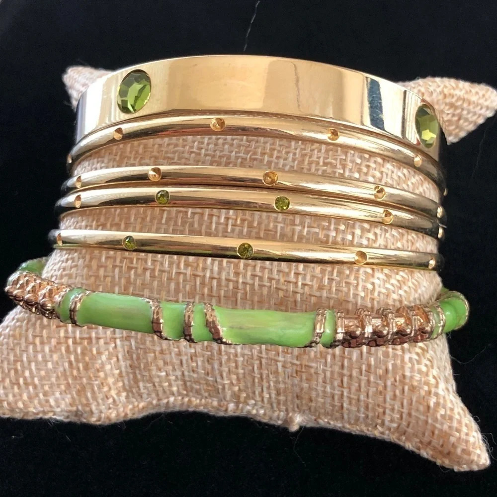 Gold Glass Green Bangle Bracelets set of 6 Crystal